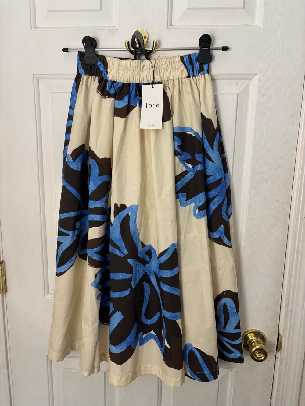 Joie Cream Midi Skirt with Blue & Brown Floral Motif